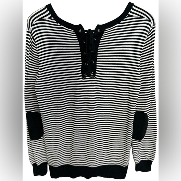 DownEast Women’s Black White‎ Striped Lace Back Elbow Patch Nautical Sweater Med - Picture 2 of 5